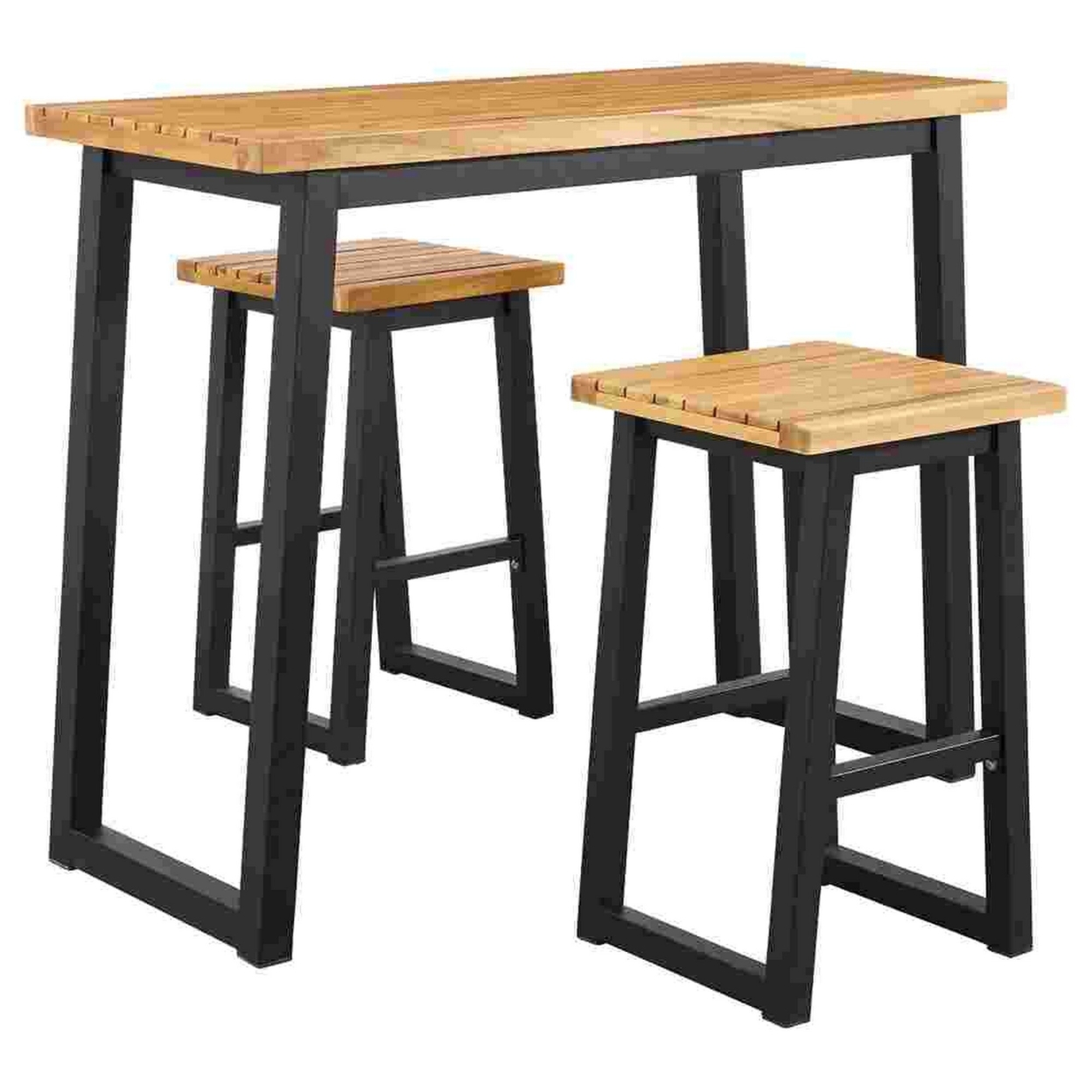 3 Piece Counter Height Table Set With Metal Sled Base, Black And Brown- Saltoro Sherpi