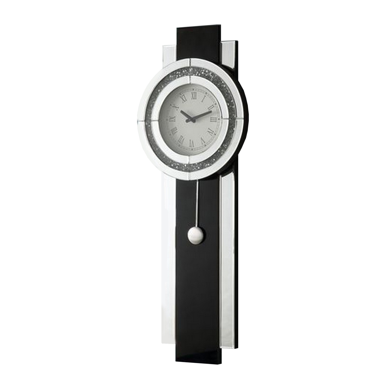 Pendulum Wall Clock With Mirror Trim And Round Shape, Silver- Saltoro Sherpi