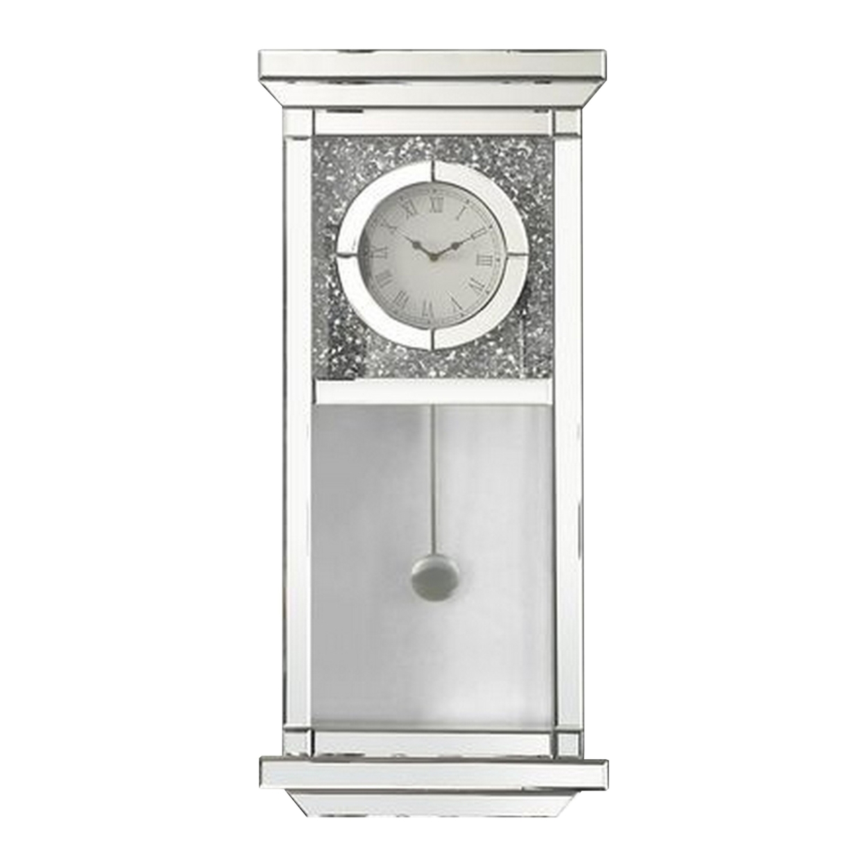 Pendulum Wall Clock With Mirror Trim And Molded Design, Silver- Saltoro Sherpi