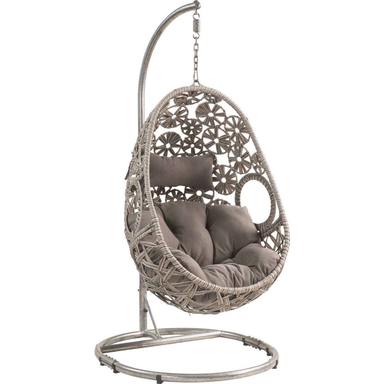 Patio Hanging Chair With Open Circular Motifs And Wicker Frame, Gray- Saltoro Sherpi