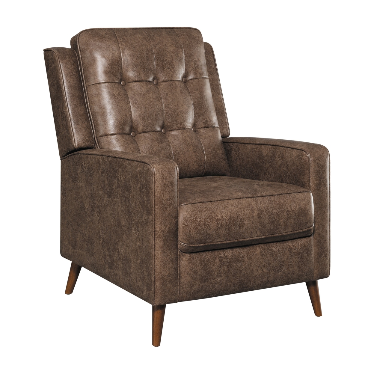 31 Inch Push Back Recliner, Tufted, Tapered Legs, Rich Brown Faux Leather- Saltoro Sherpi