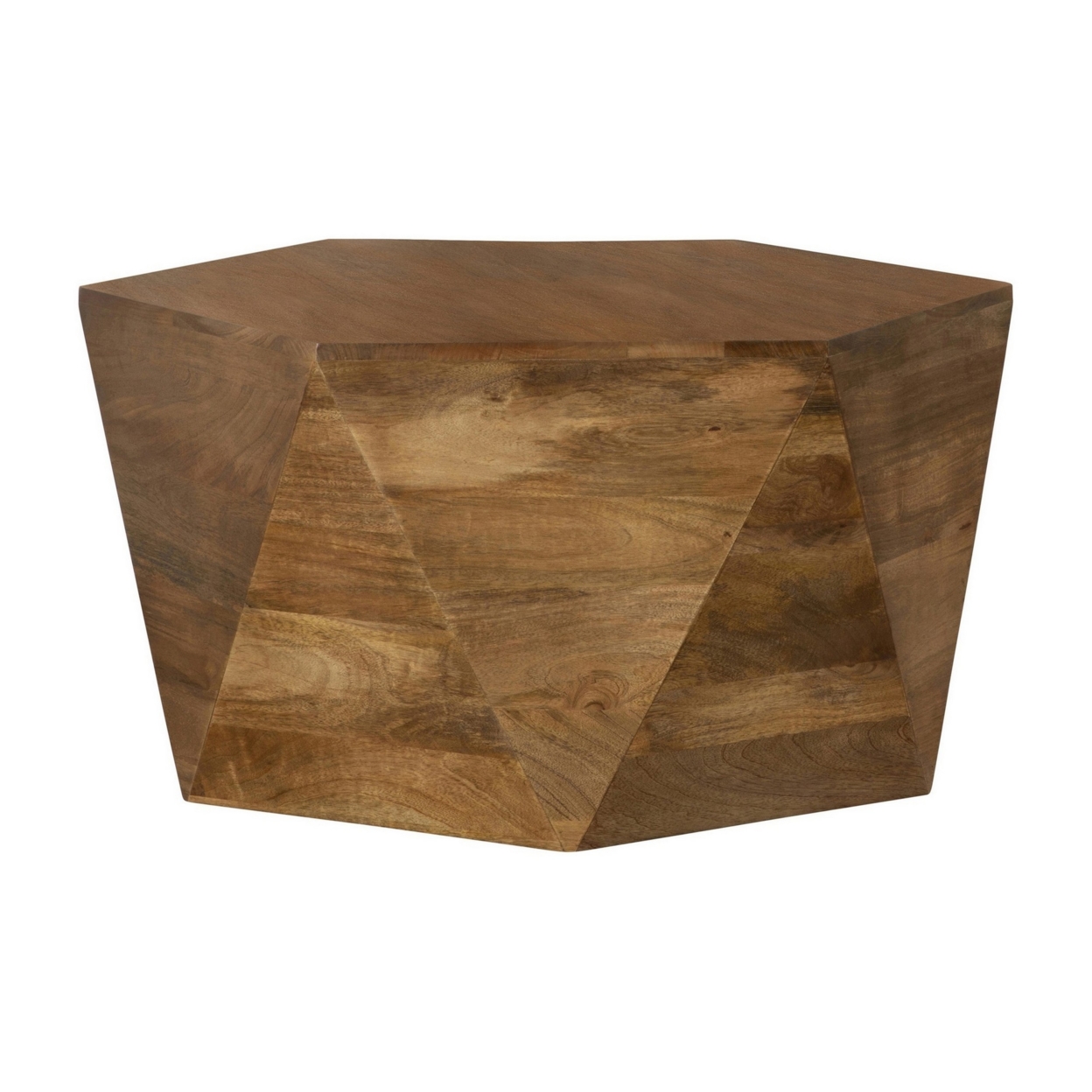 35 Inch Wood Drum Coffee Table, Artisan Hexagonal Rich Natural Brown Finish- Saltoro Sherpi