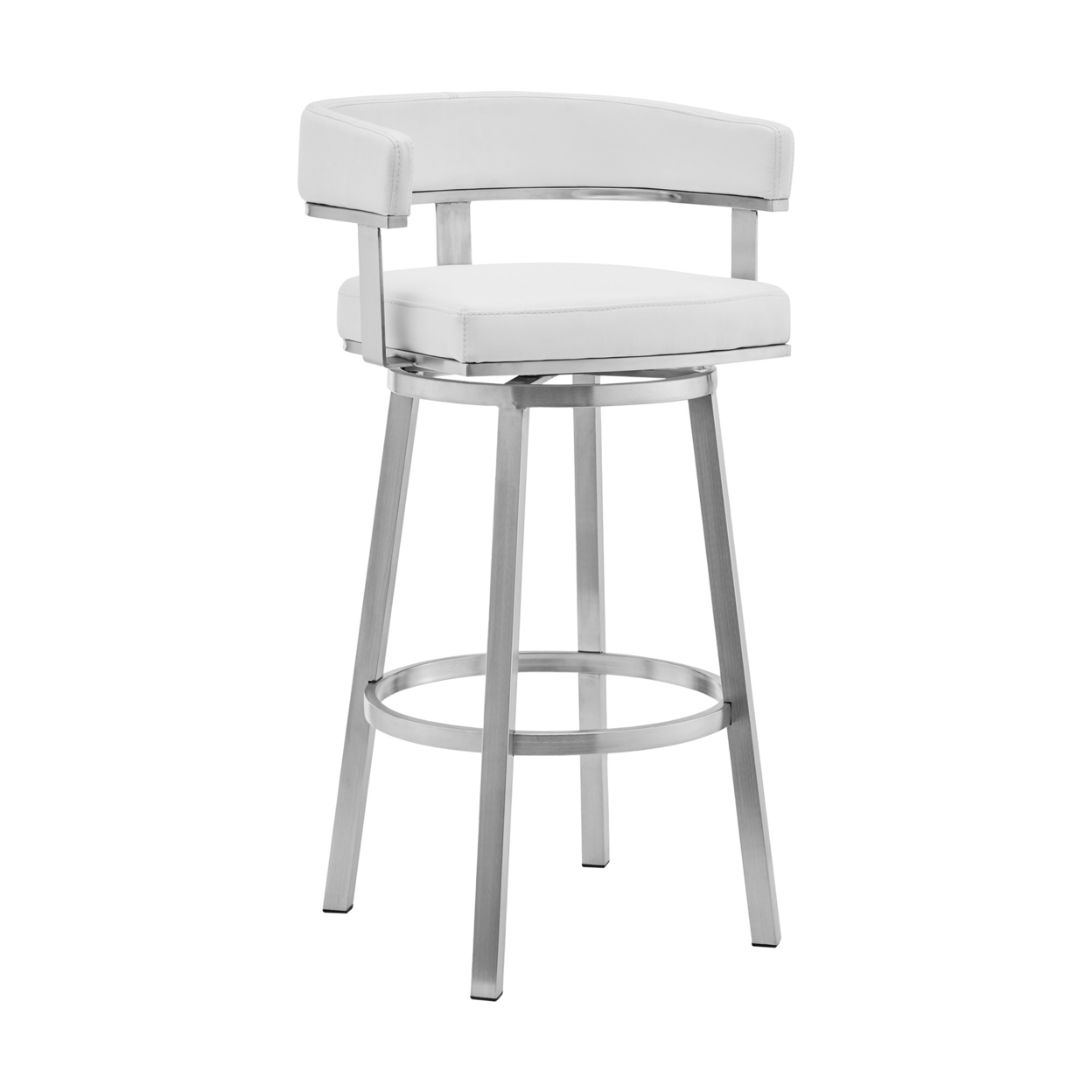 Sez 26 Inch Modern Swivel Counter Stool Arm Chair, Backrest, Steel, White- Saltoro Sherpi
