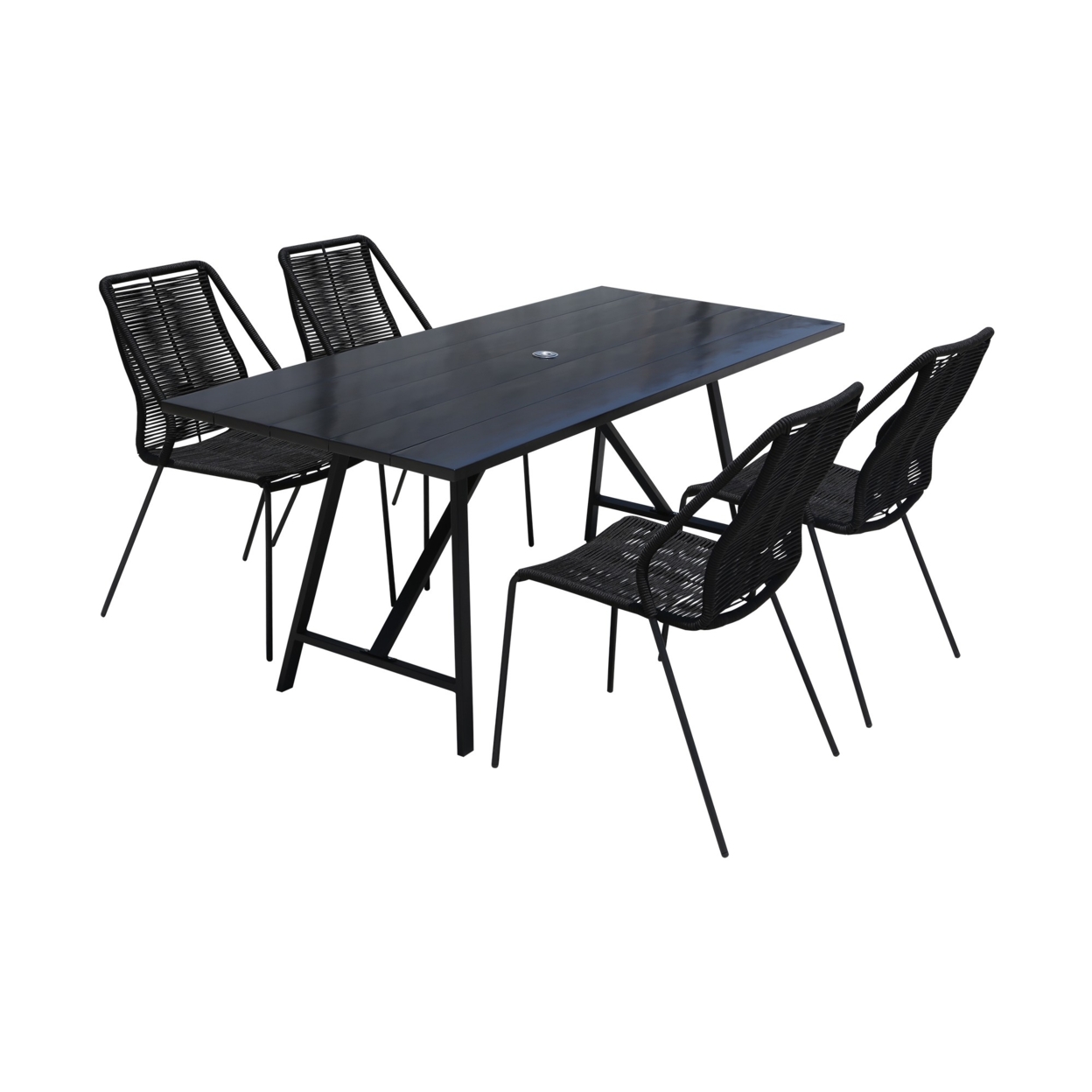 Zion 5 Piece Dining Table And Gray Rope Chairs, Black Rectangular Wood Top- Saltoro Sherpi