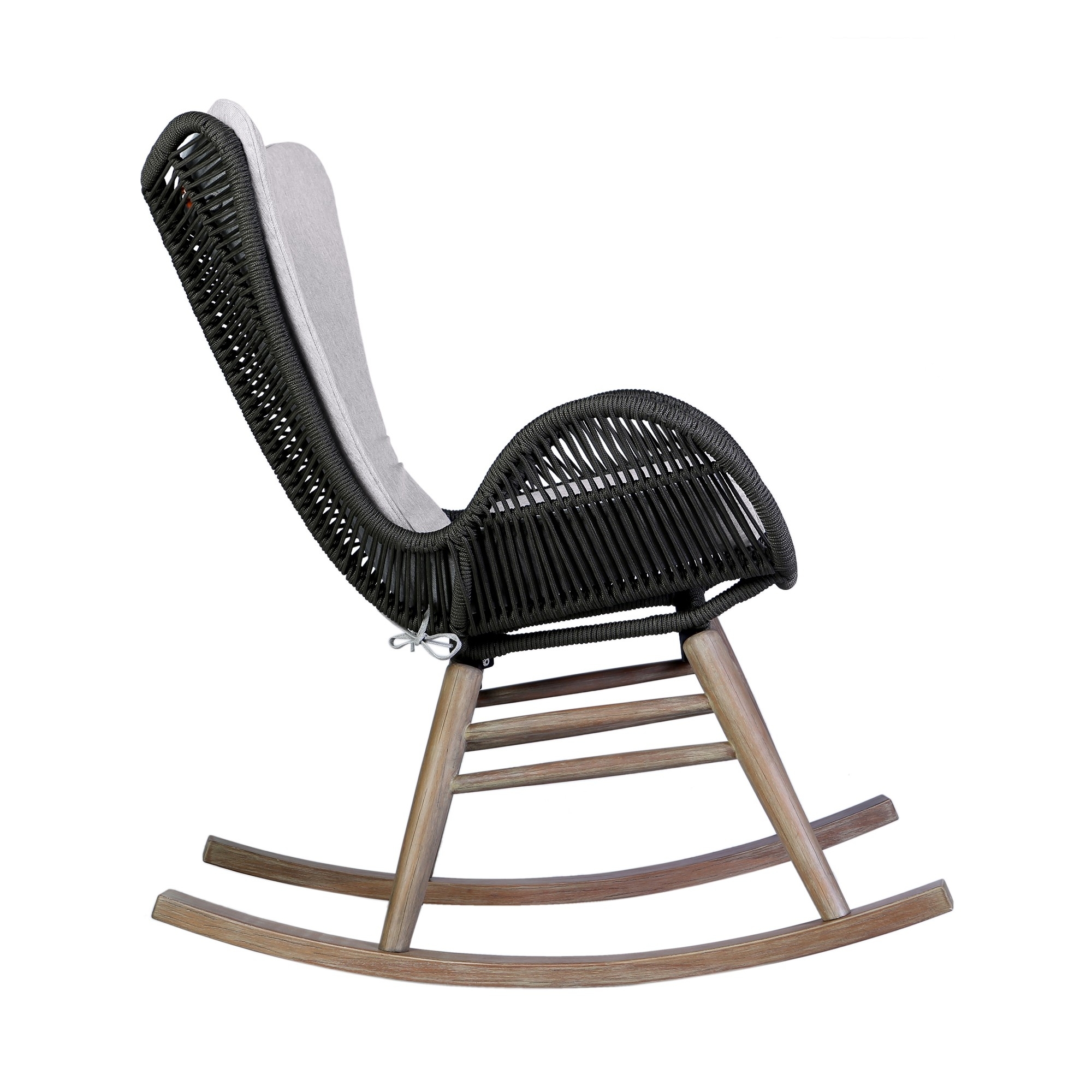Elle 37 Inch Patio Rocking Chair, Dark Eucalyptus Wood, Charcoal Rope- Saltoro Sherpi