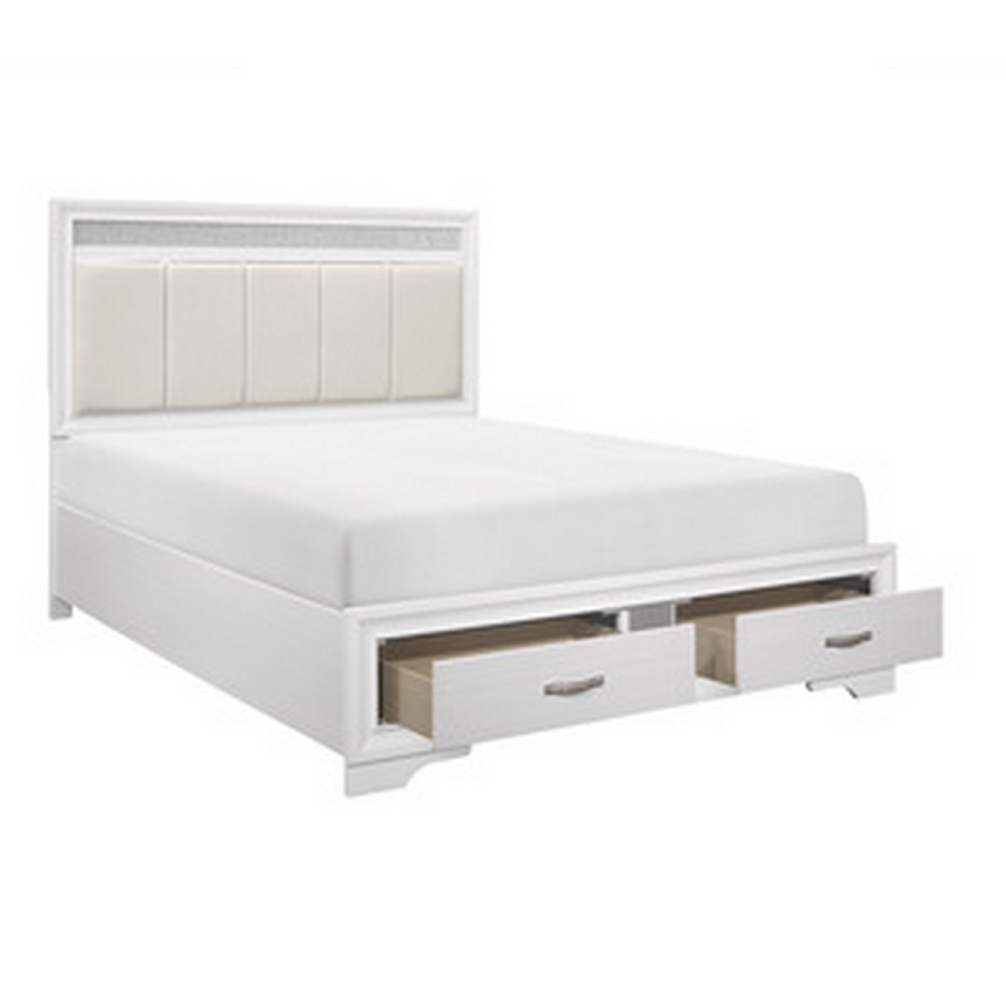 Ani Queen Platform Bed, Tufted Headboard, 2 Drawer Low Footboard, White- Saltoro Sherpi