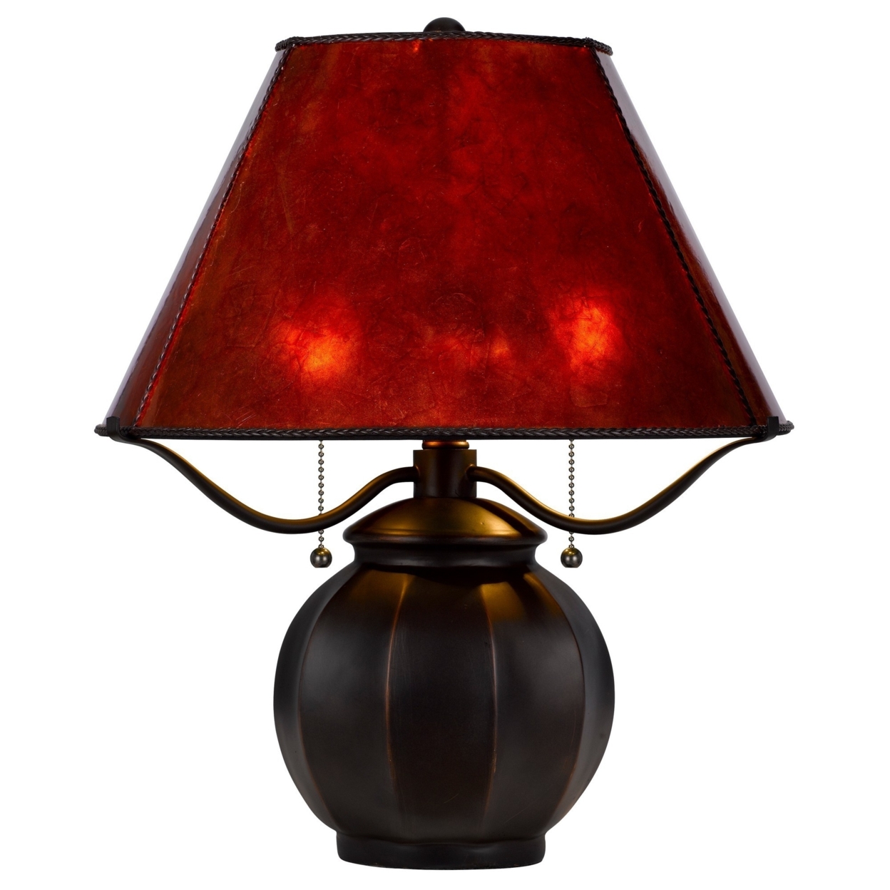 20 Inch Table Lamp, Vintage Red Amber Mica Shade, Upturned Arms, Round Body- Saltoro Sherpi