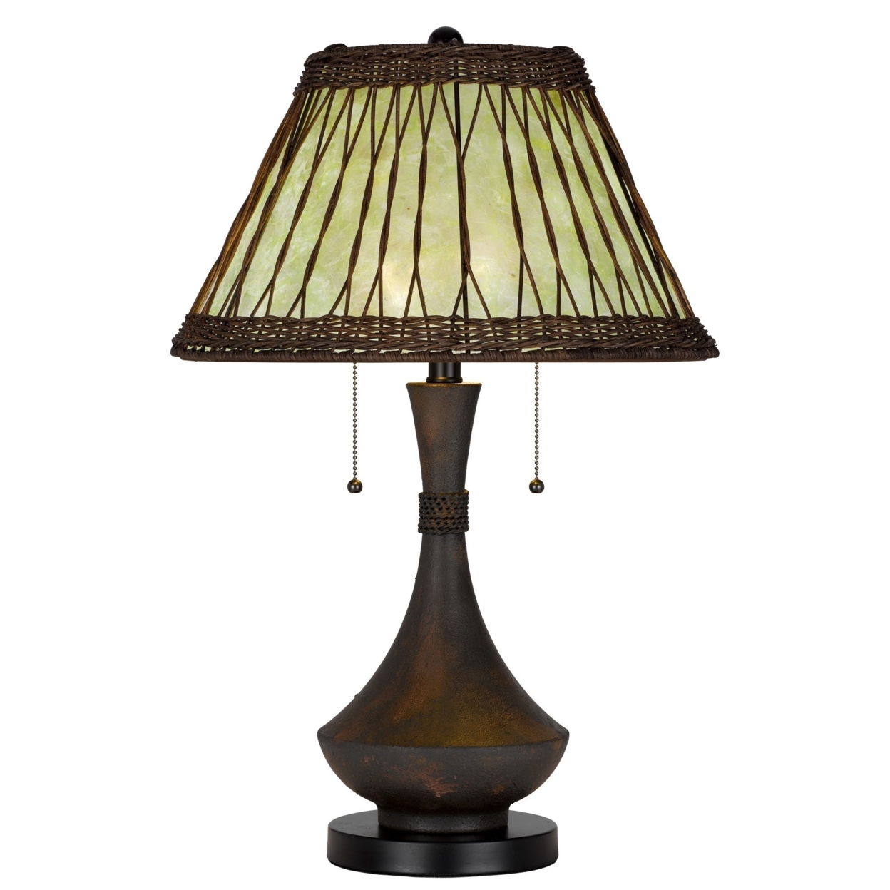 26 Inch Table Lamp, Bamboo Woven Stained Green Shade, Wicker Trim, Bronze- Saltoro Sherpi