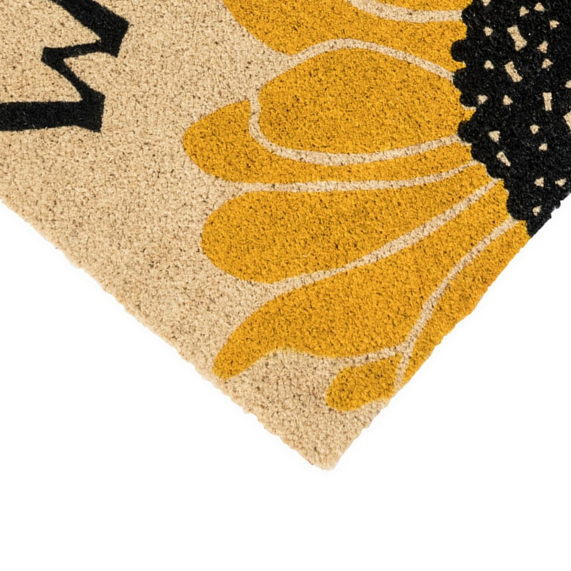 24 X 36 Coir Welcome Doormat, Black, Yellow Sunflower Print, Ivory Base- Saltoro Sherpi