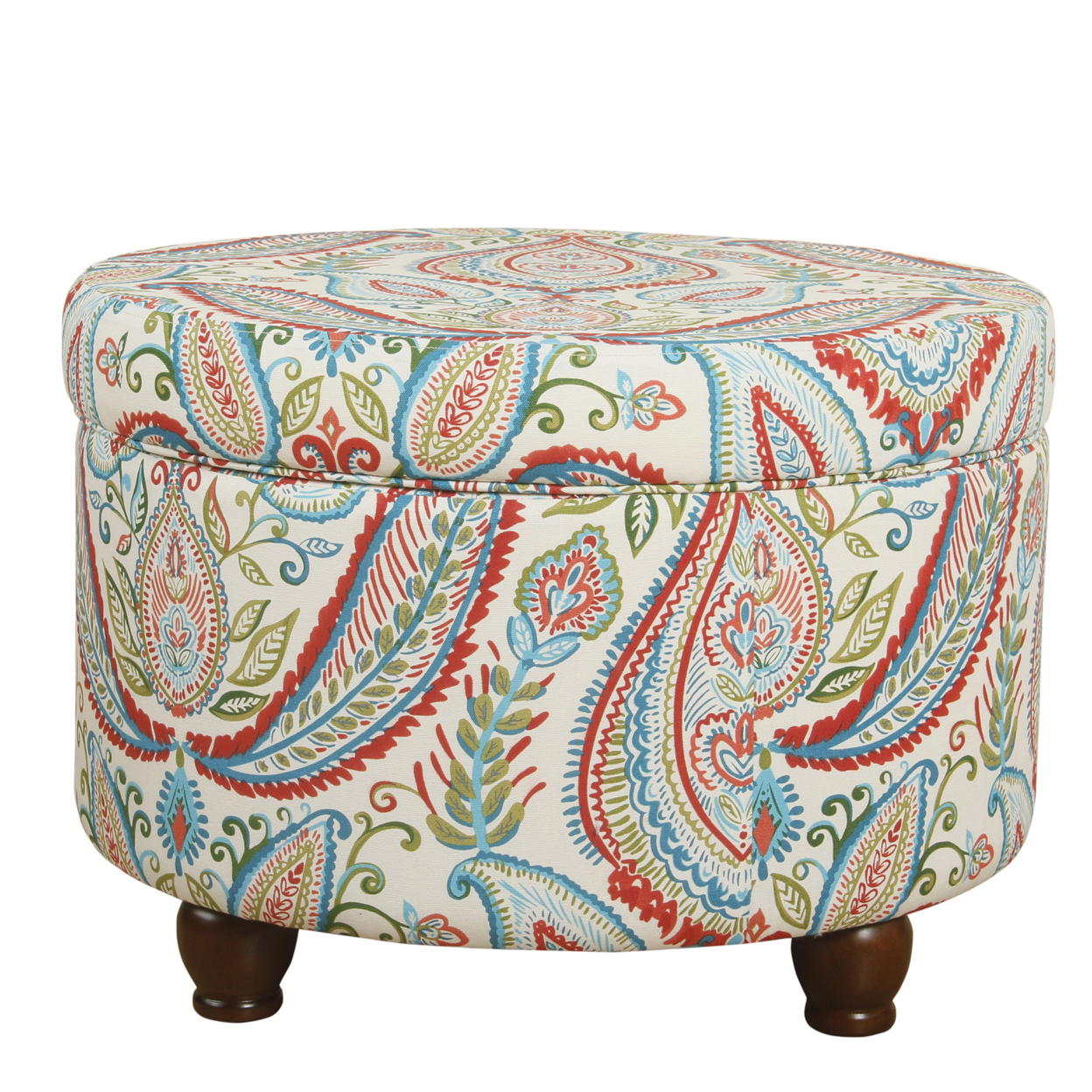 Paisley Pattern Fabric Upholstered Wooden Ottoman With Hidden Storage, Multicolor- Saltoro Sherpi