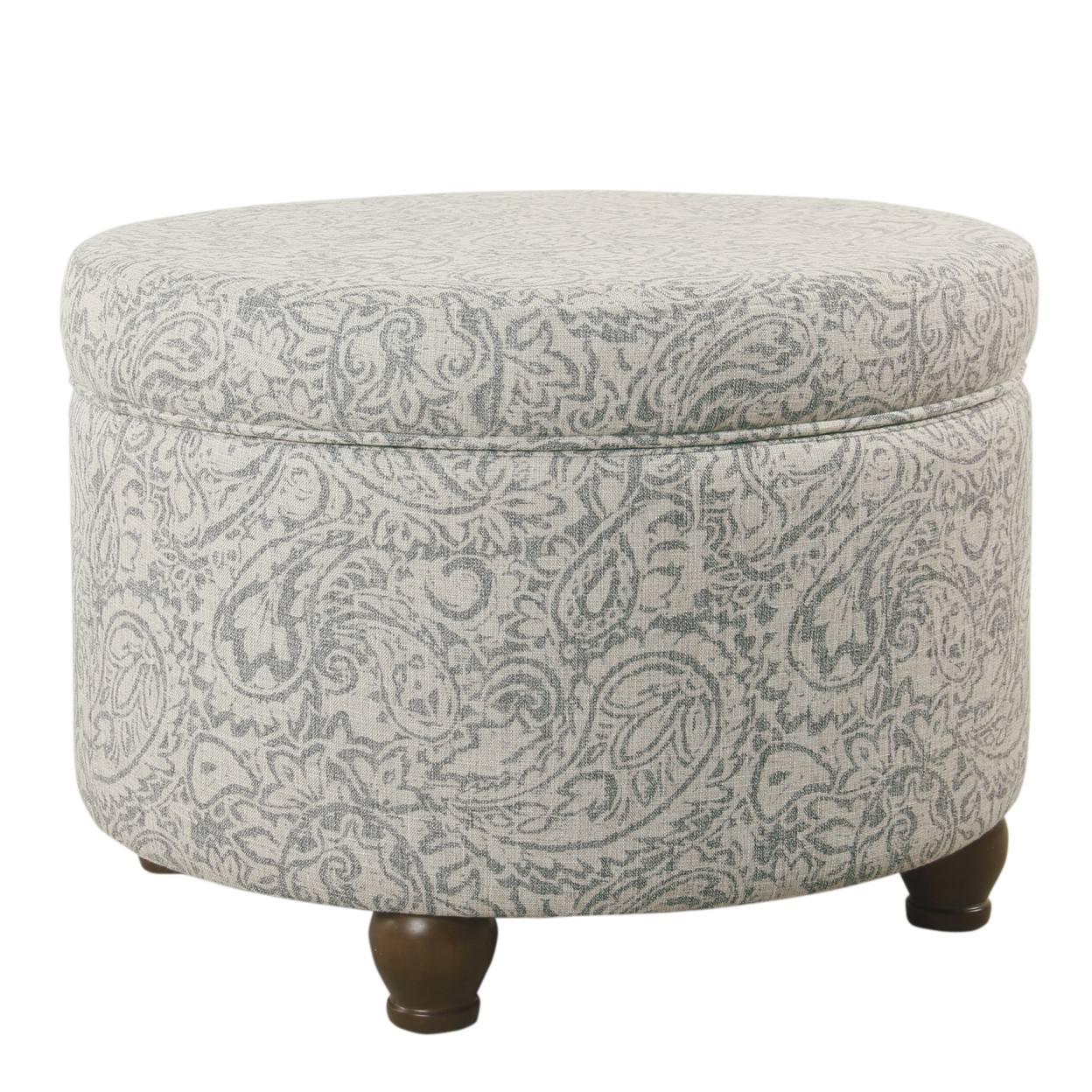 Paisley Floral Pattern Fabric Upholstered Wooden Ottoman With Hidden Storage, Gray And Cream- Saltoro Sherpi