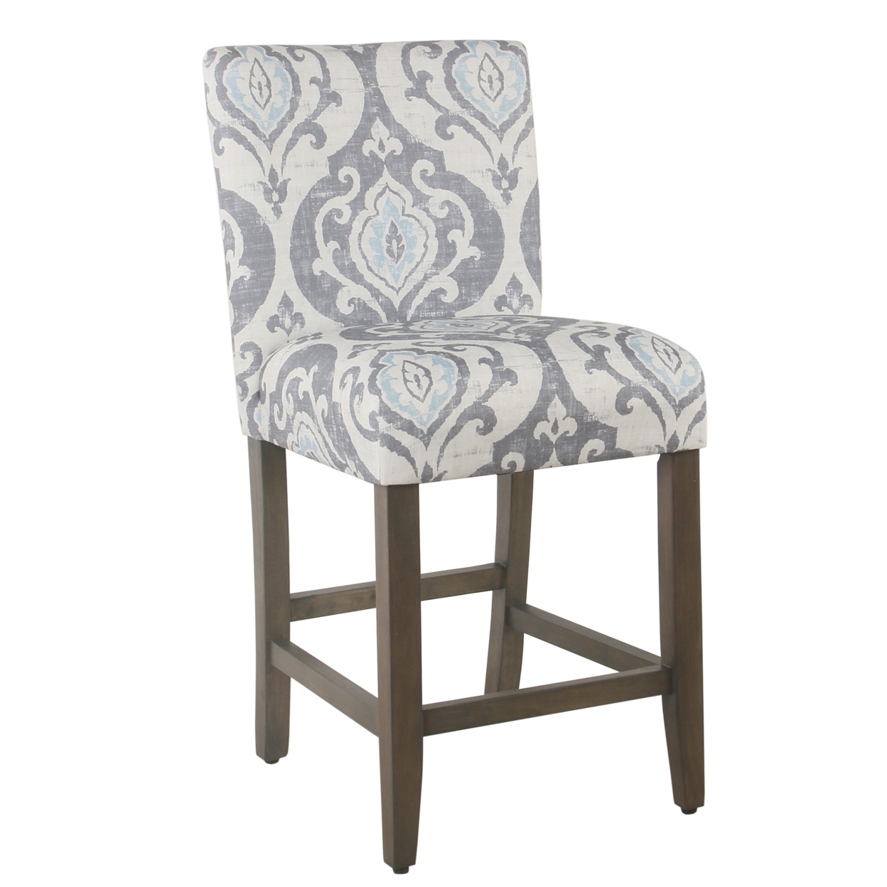 Wooden Counter Height Stool With Damask Pattern Fabric Upholstery, Gray And Blue- Saltoro Sherpi