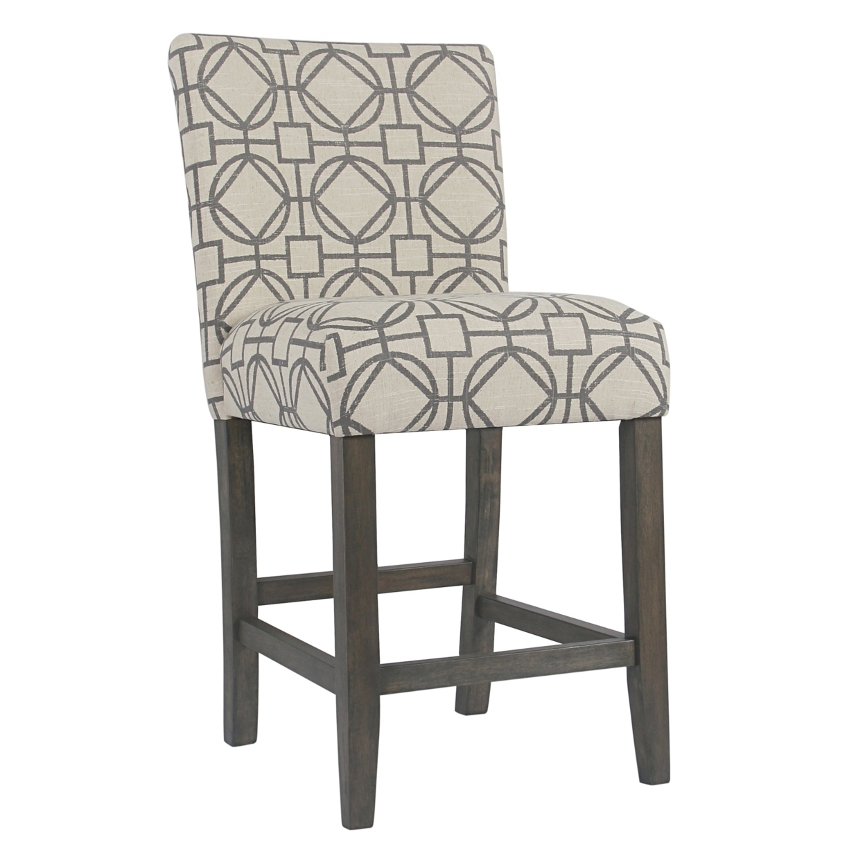 Wooden 24 Inch Counter Height Stool With Trellis Pattern Fabric Upholstery, Cream And Gray- Saltoro Sherpi