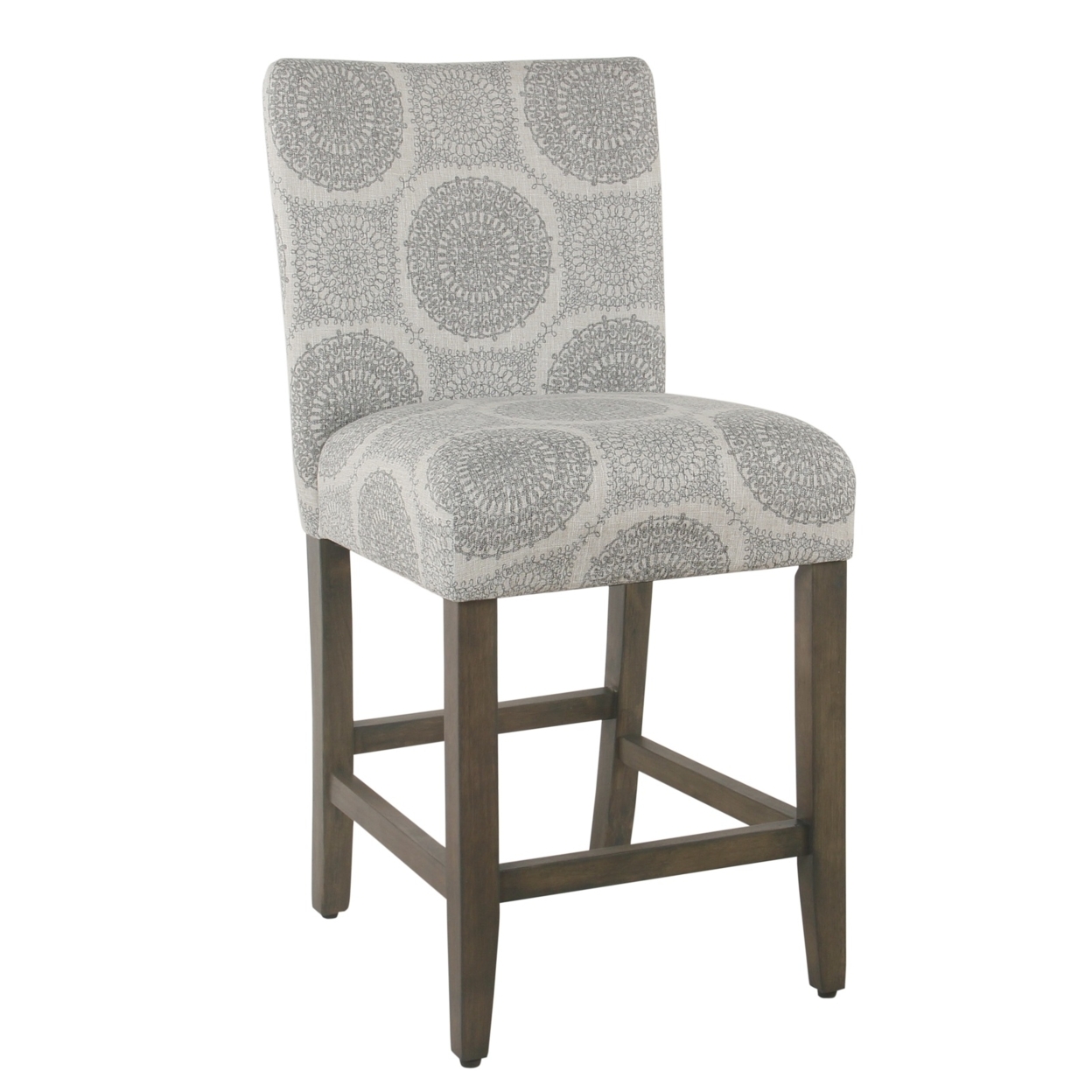 Wooden Counter Height Stool With Medallion Pattern Fabric Upholstery, Gray- Saltoro Sherpi