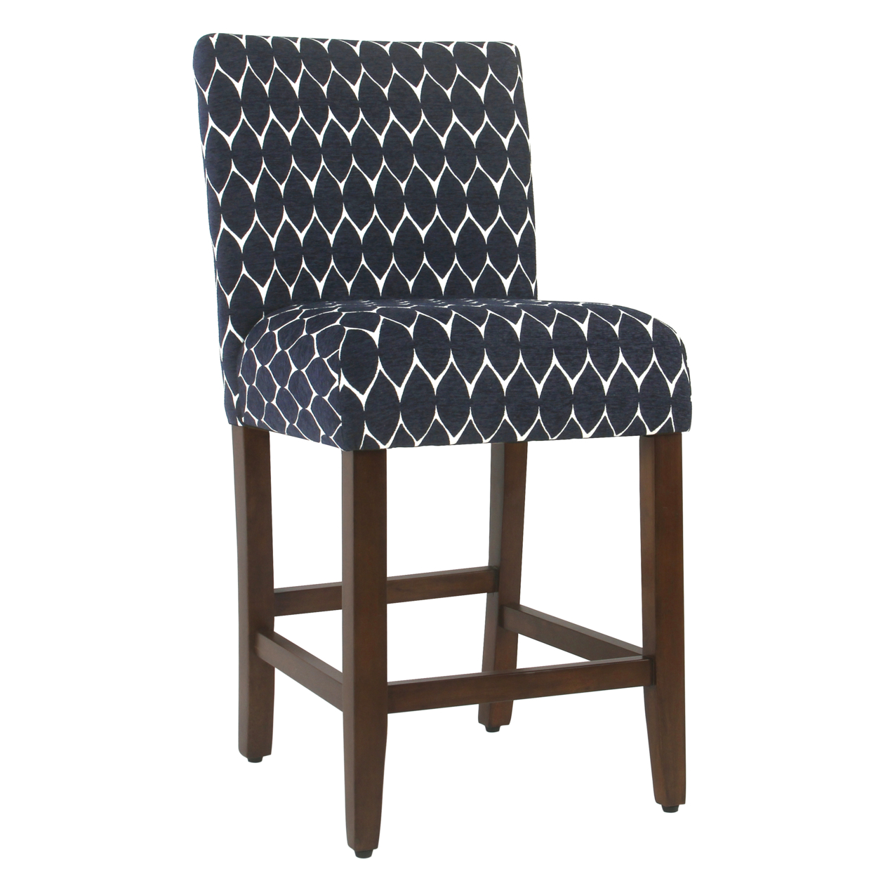 Wooden 24 Inch Counter Height Stool With Geometric Pattern Fabric Upholstery, Blue And White- Saltoro Sherpi
