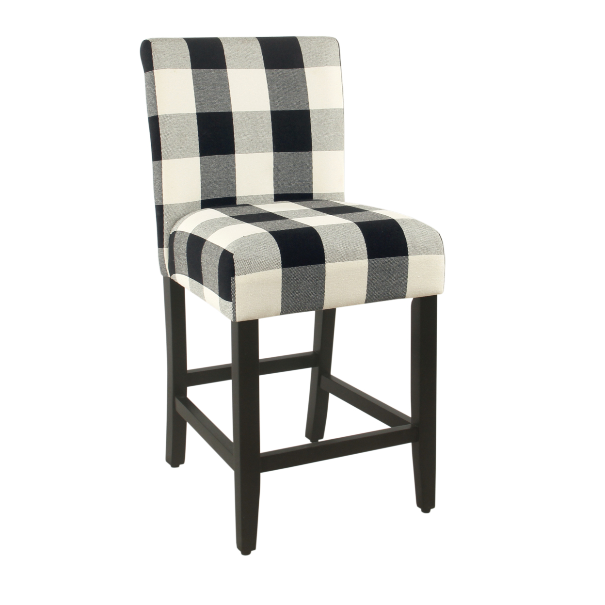 Wooden Counter Height Stool With Plaid Pattern Fabric Upholstery, Black And White- Saltoro Sherpi