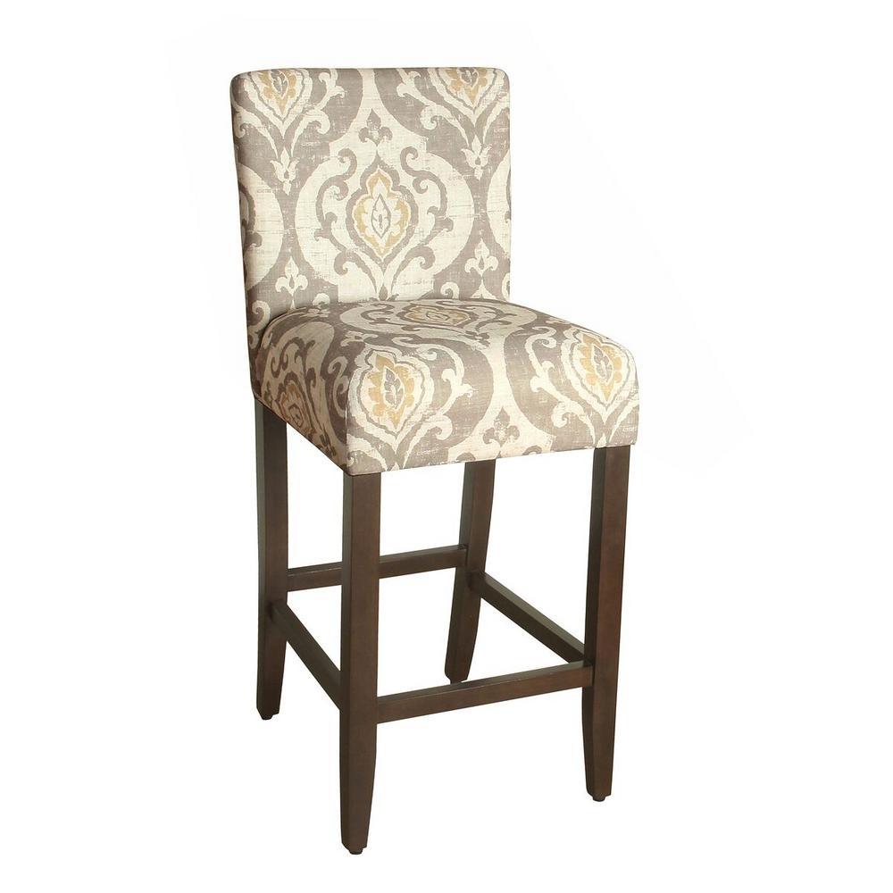 Wooden 29 Inch Counter Height Stool With Damask Pattern Fabric Upholstery, Multicolor- Saltoro Sherpi