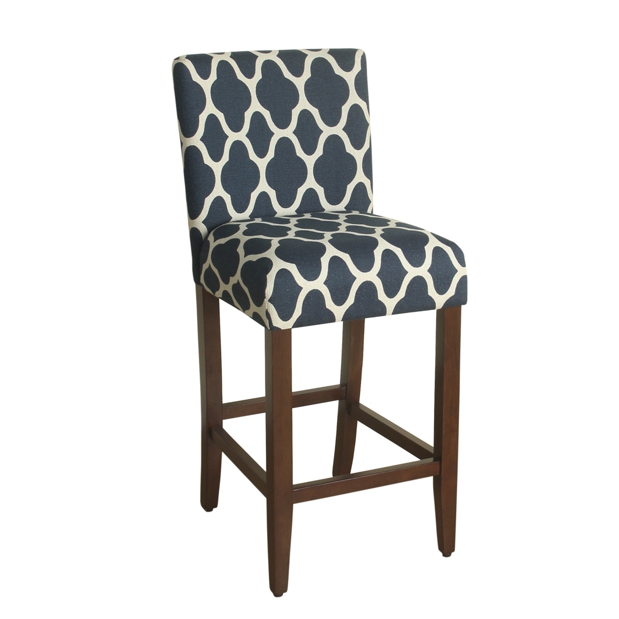 Wooden 29 Inch Counter Height Stool With Quatrefoil Pattern Fabric Upholstery, Blue And White- Saltoro Sherpi