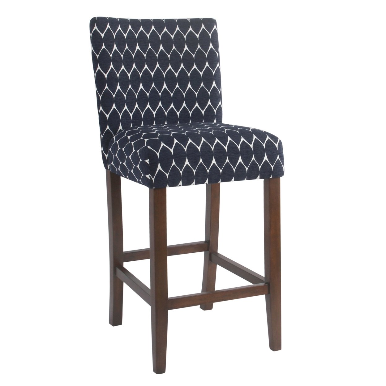 Wooden 29 Inch Counter Height Stool With Geometric Pattern Fabric Upholstery, Blue And White- Saltoro Sherpi