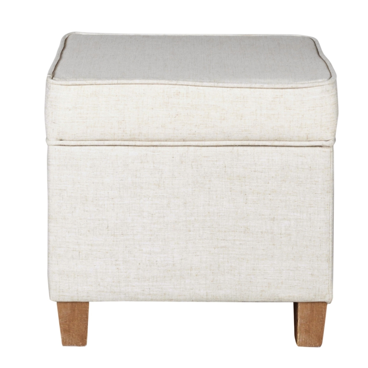 Square Shape Fabric Upholstered Ottoman With Lift Off Top And Wooden Tapered Feet, White And Brown- Saltoro Sherpi