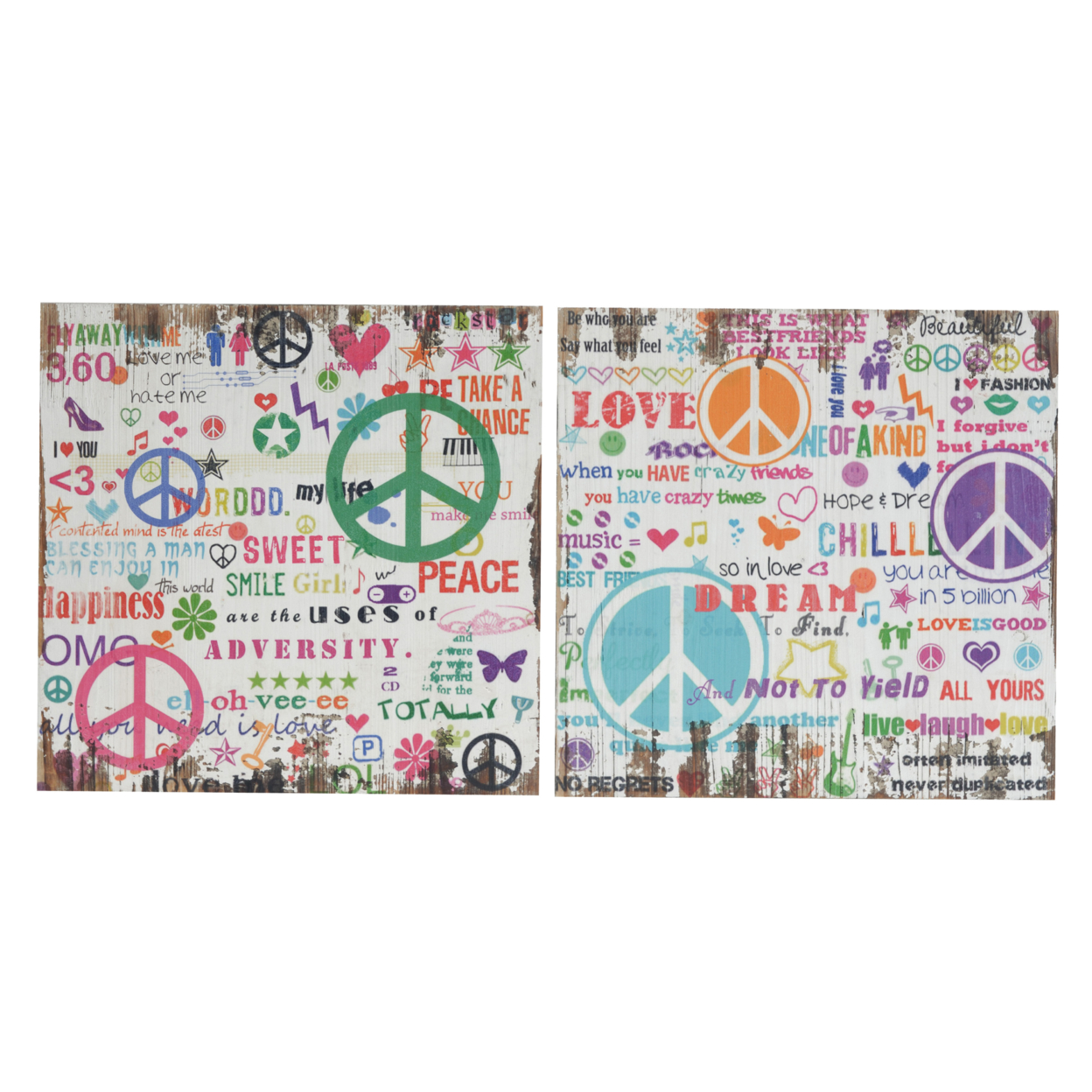 Distressed Wooden Wall Plaques With Colorful Doodles, Set Of 2- Saltoro Sherpi