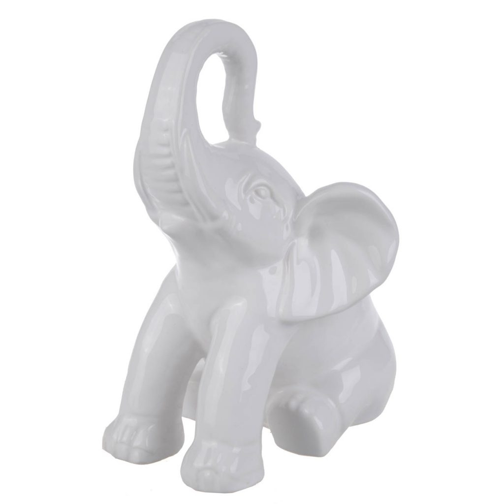 Ceramic Baby Elephant Figurine With Raised Trunk, White- Saltoro Sherpi