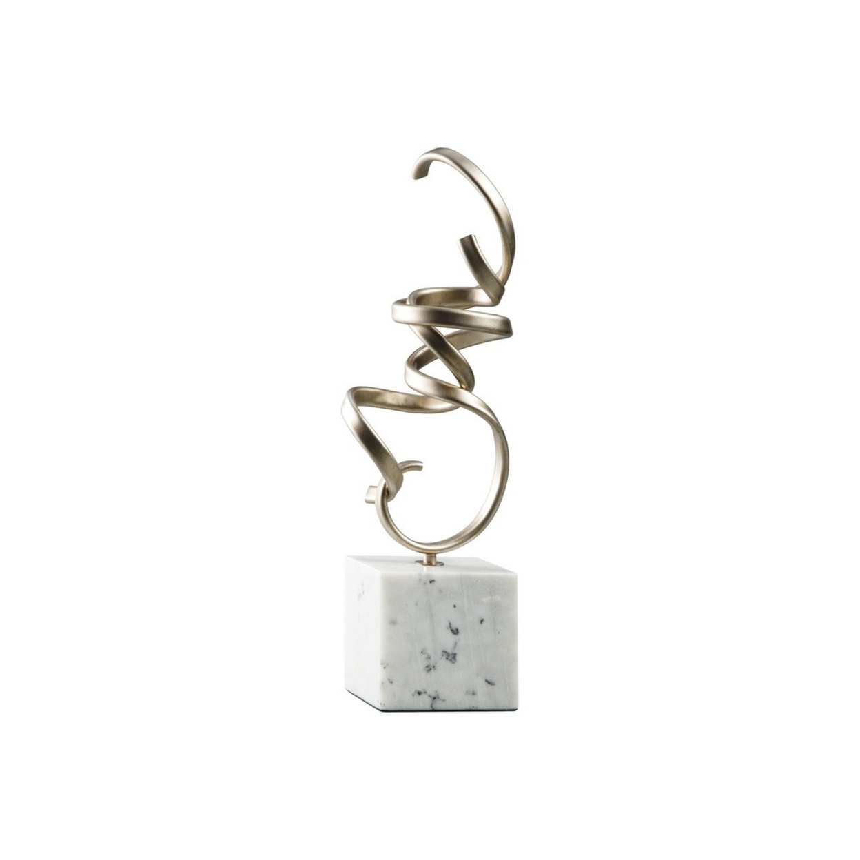 Twisted Scrolled Metal Sculpture With Marble Base, Champagne Gold And White- Saltoro Sherpi