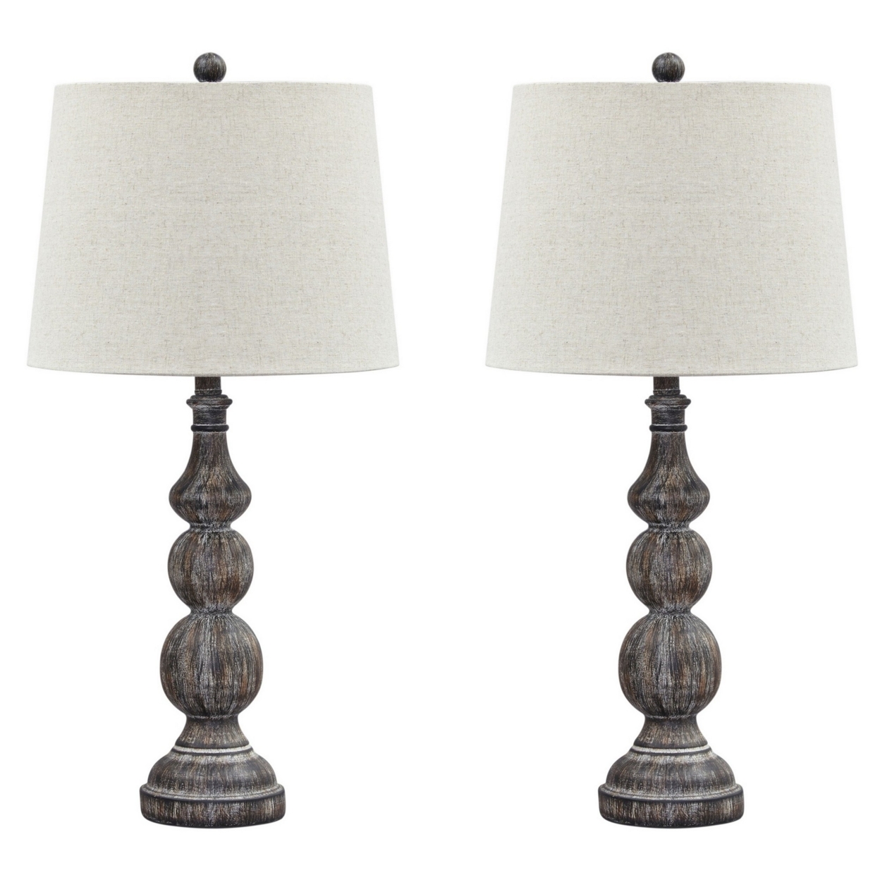 Polyresin Table Lamp With Turned Base, Set Of 2, Brown And Off White- Saltoro Sherpi
