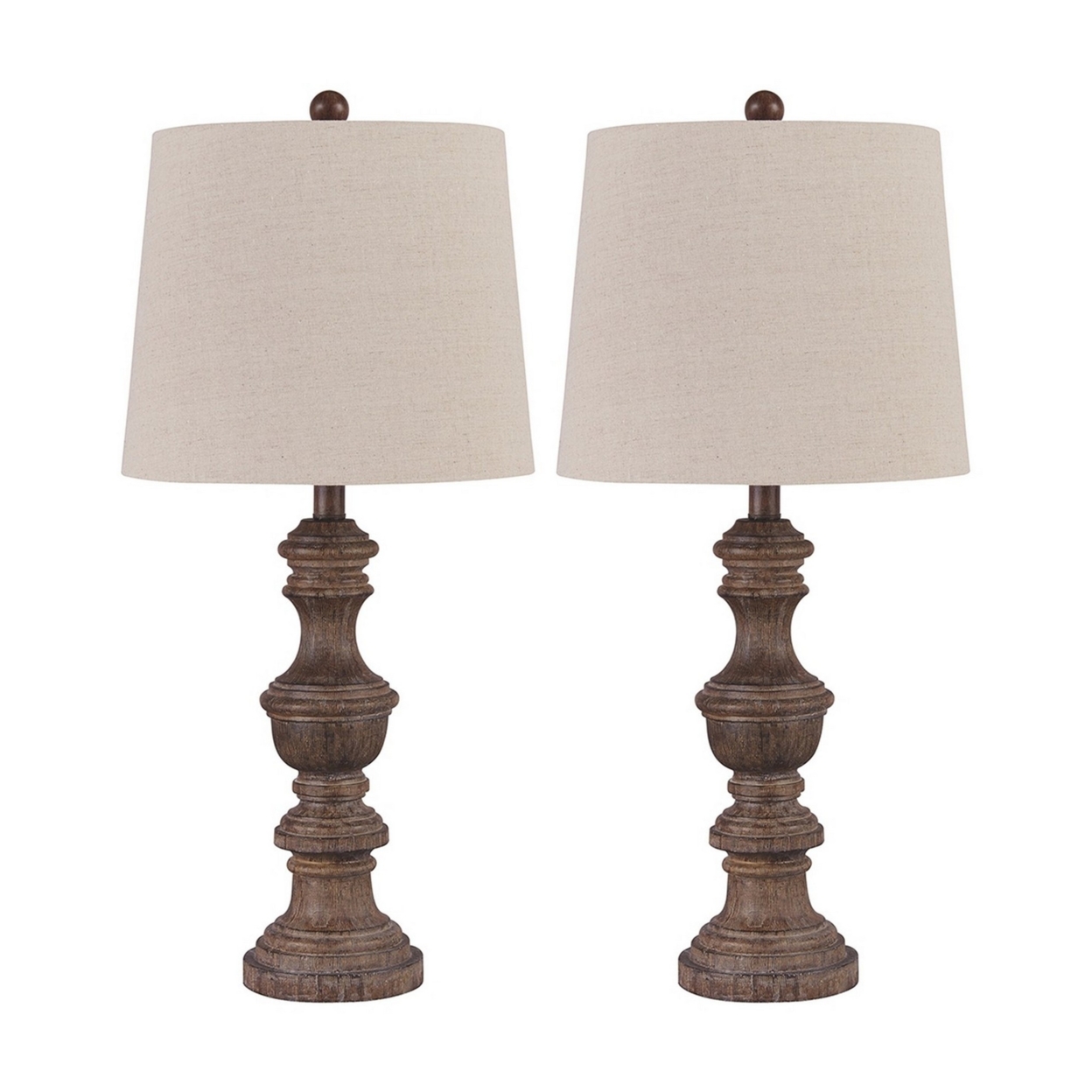 Tapered Fabric Shade Table Lamp With Turned Base, Set Of 2, Gray And Brown- Saltoro Sherpi