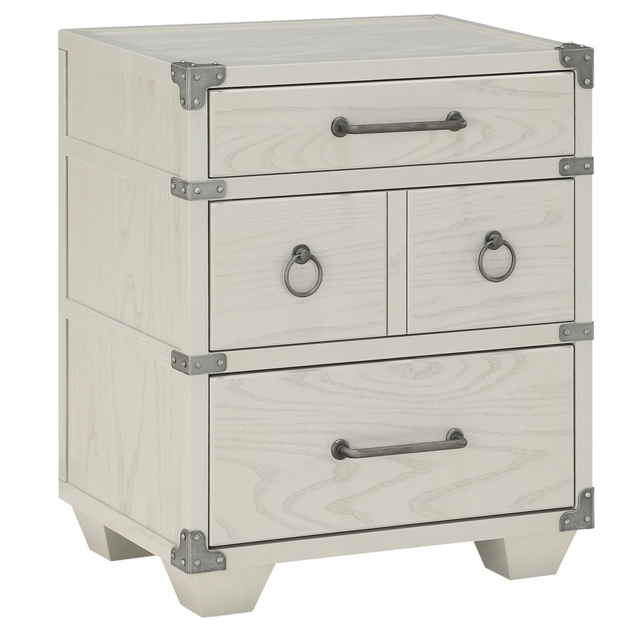 Four Drawer Wooden Nightstand With Metal Ring Pulls And Handles, Gray- Saltoro Sherpi