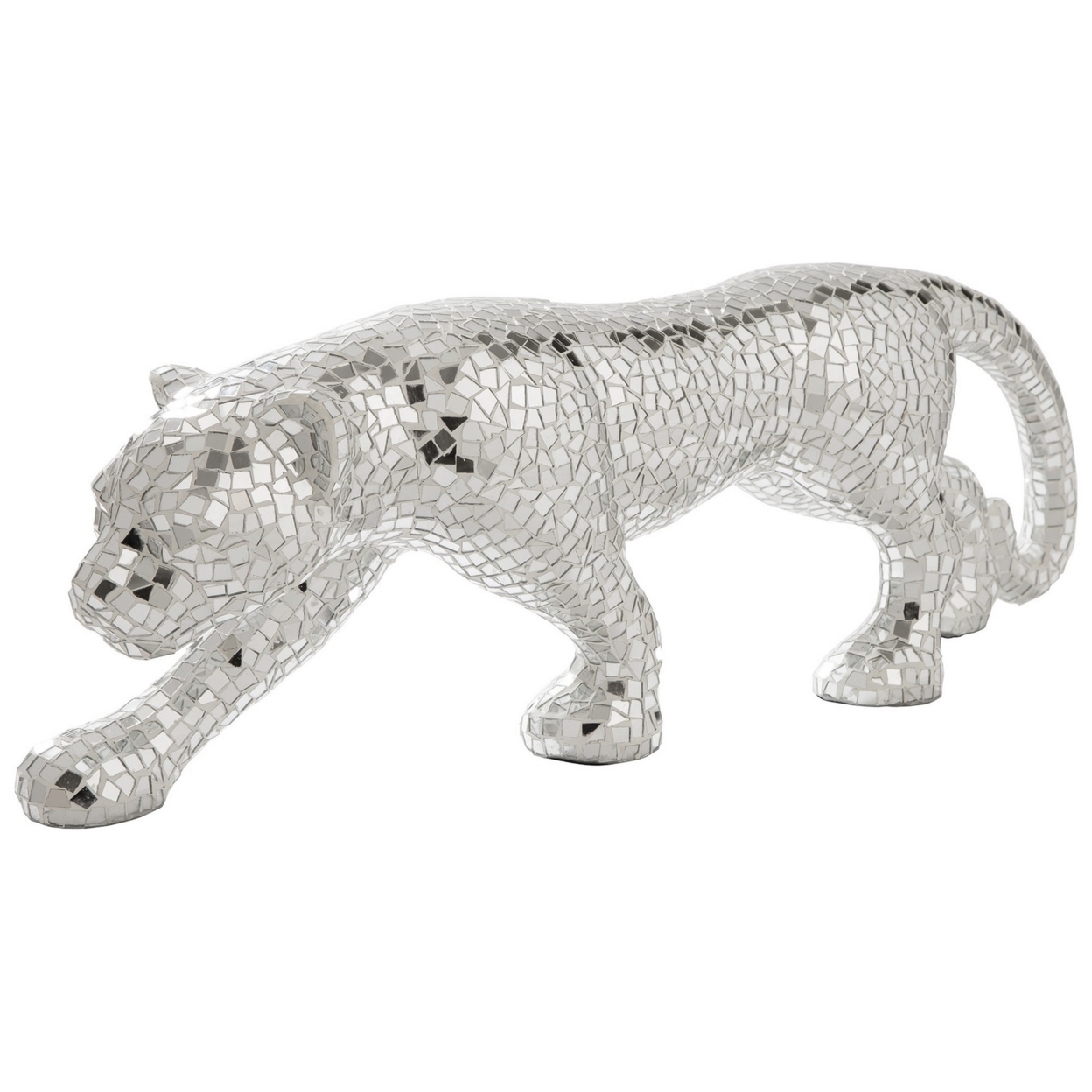 Mirrored Standing Panther With Glass Mosaic Pattern, Silver- Saltoro Sherpi
