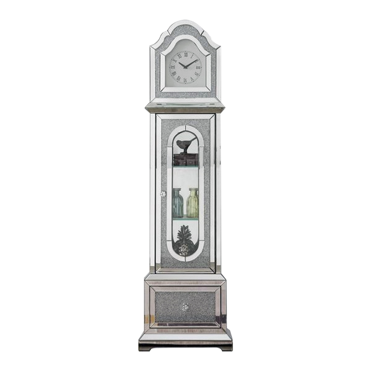 Grandfather Clock With 1 Storage Cabinet And Faux Diamonds, Silver- Saltoro Sherpi