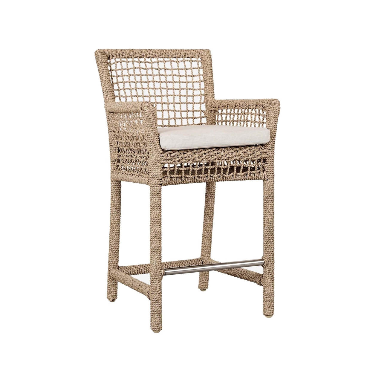 Zev 28 Inch Outdoor Counter Stool Chair, Rope Woven, Ivory Olefin Foam Seat- Saltoro Sherpi