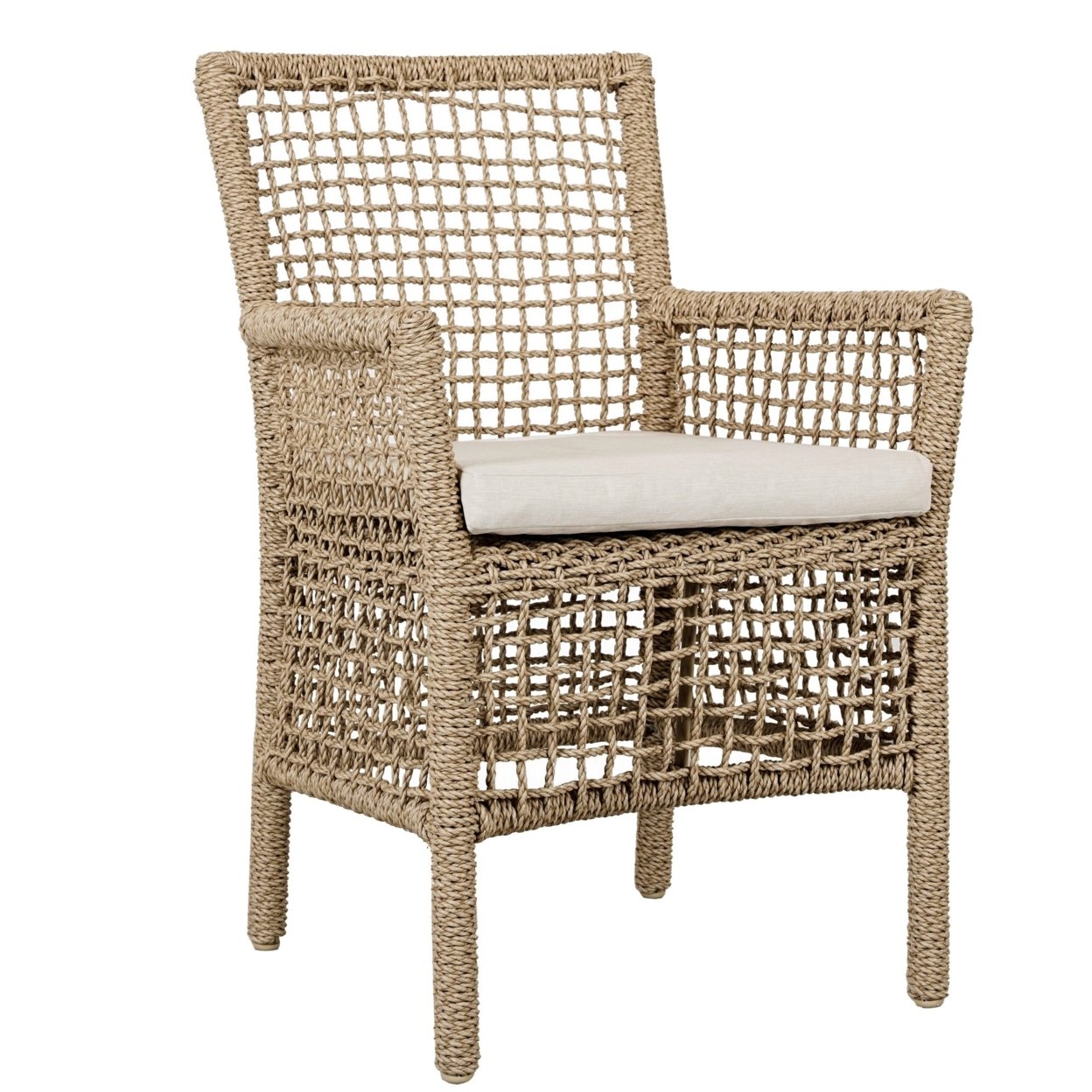 Zev 25 Inch Outdoor Dining Chair, Hyacinth Rope Woven, Ivory Olefin Fabric- Saltoro Sherpi