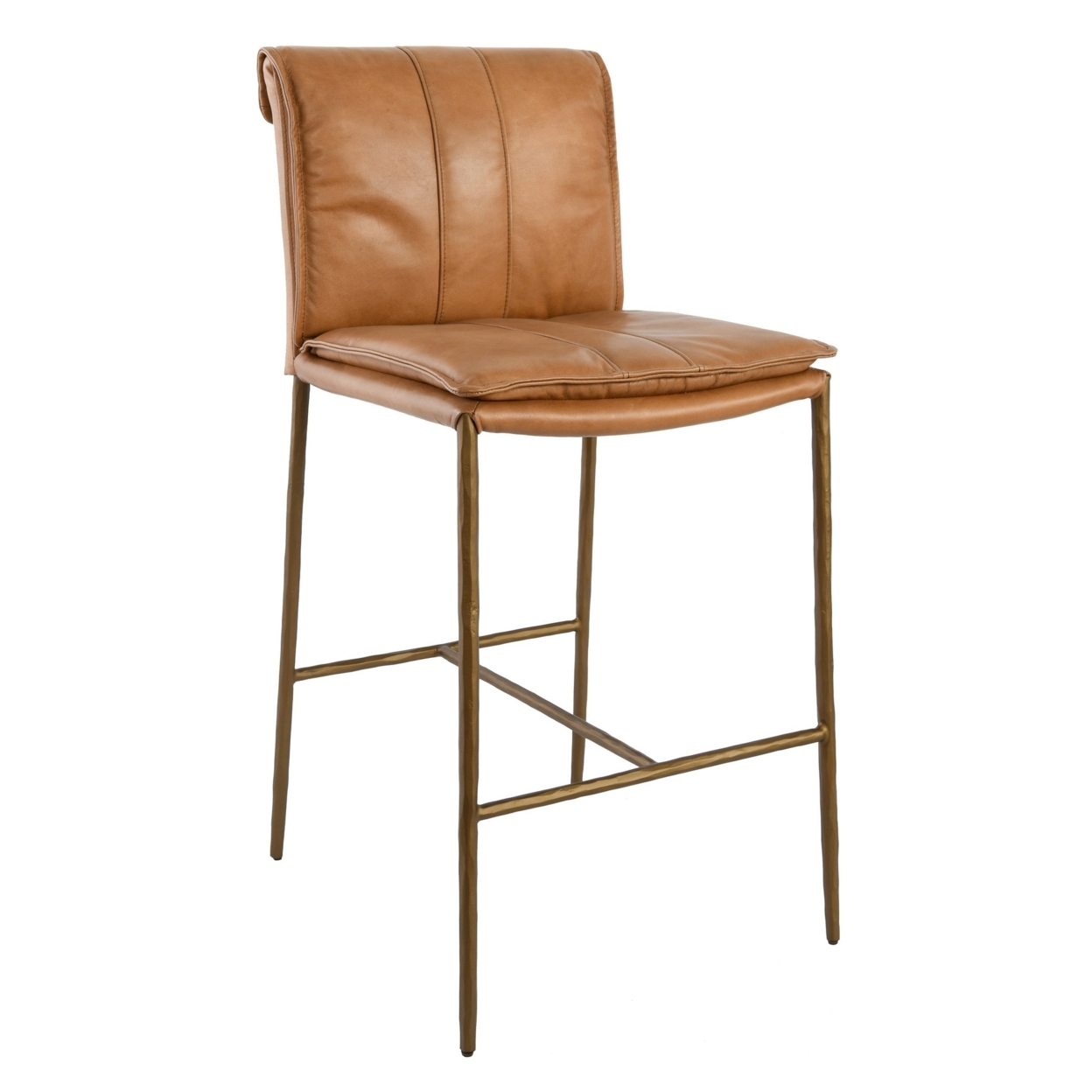 Iva 27 Inch Counter Stool Chair, Rolled Back, Iron, Tan Brown Leather - Saltoro Sherpi