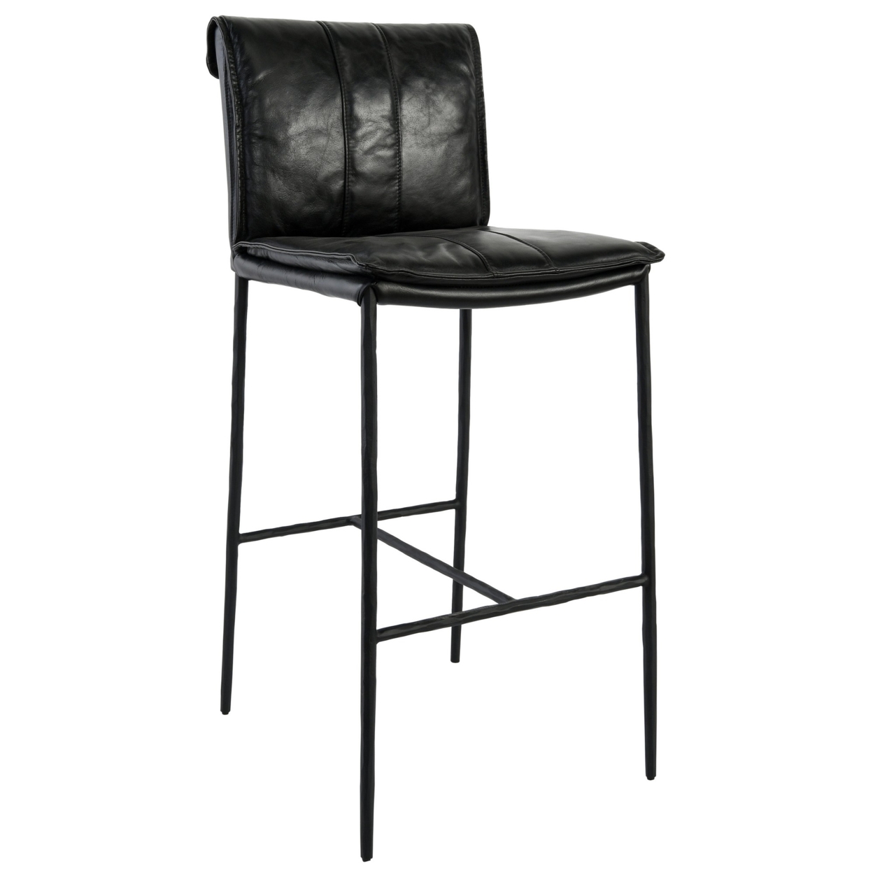 Iva 31 Inch Bar Stool Chair, Padded, Rolled Back, Black Top Grain Leather- Saltoro Sherpi