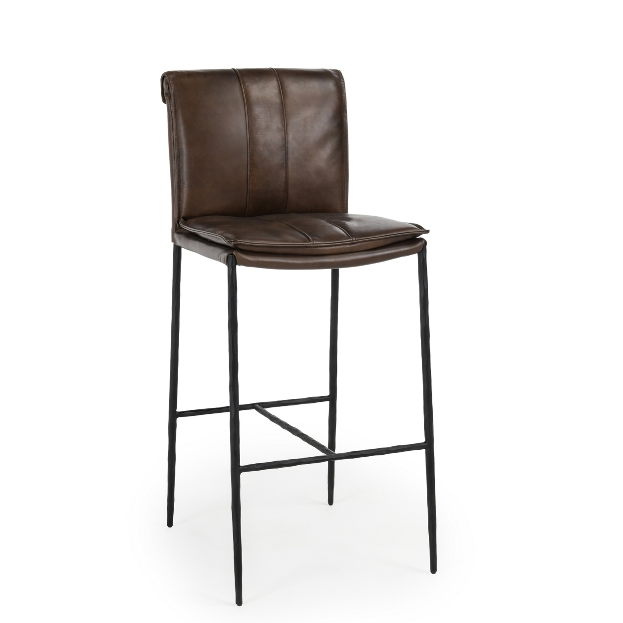 Iva 31 Inch Bar Stool Chair, Padded, Rolled Back, Brown Top Grain Leather- Saltoro Sherpi