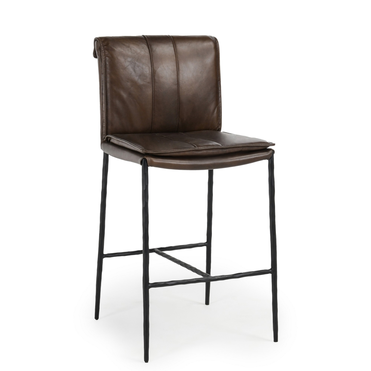 Iva 27 Inch Counter Stool Chair, Rolled Back, Iron, Dark Brown Leather - Saltoro Sherpi