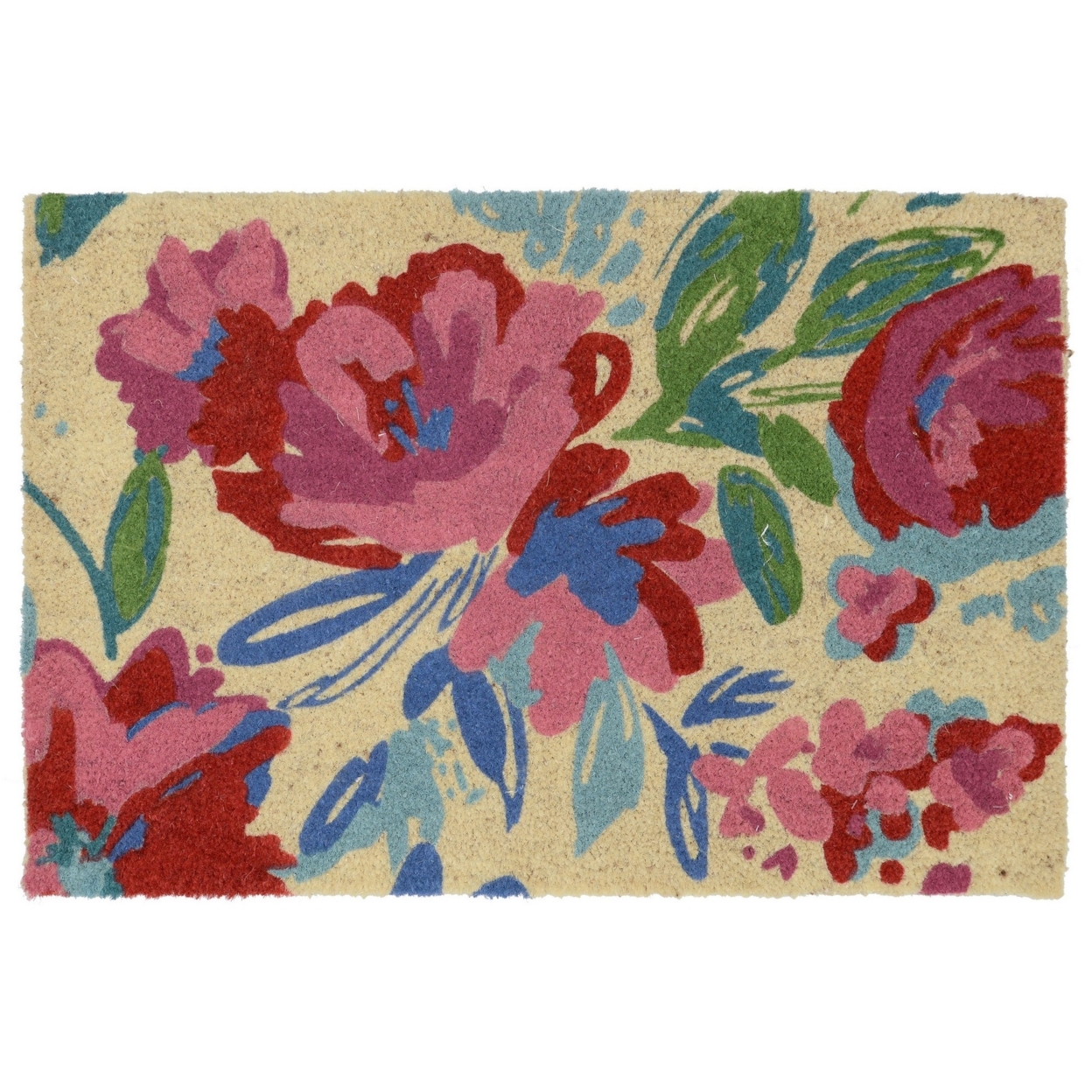 24 X 36 Machine Made Coir Doormat, Multicolor Floral Print, Ivory Base- Saltoro Sherpi