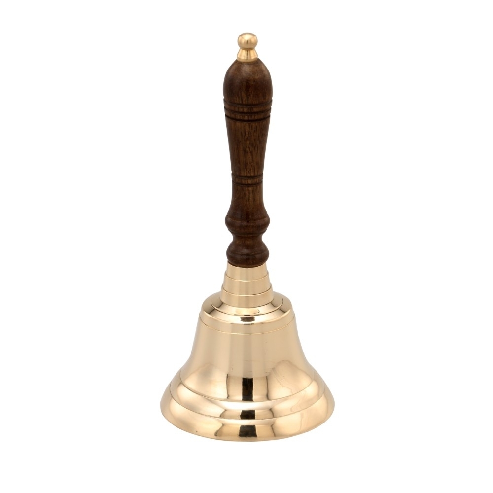 Handcrafted Brass Hand Bell With Wooden Handle, Gold And Brown- Saltoro Sherpi