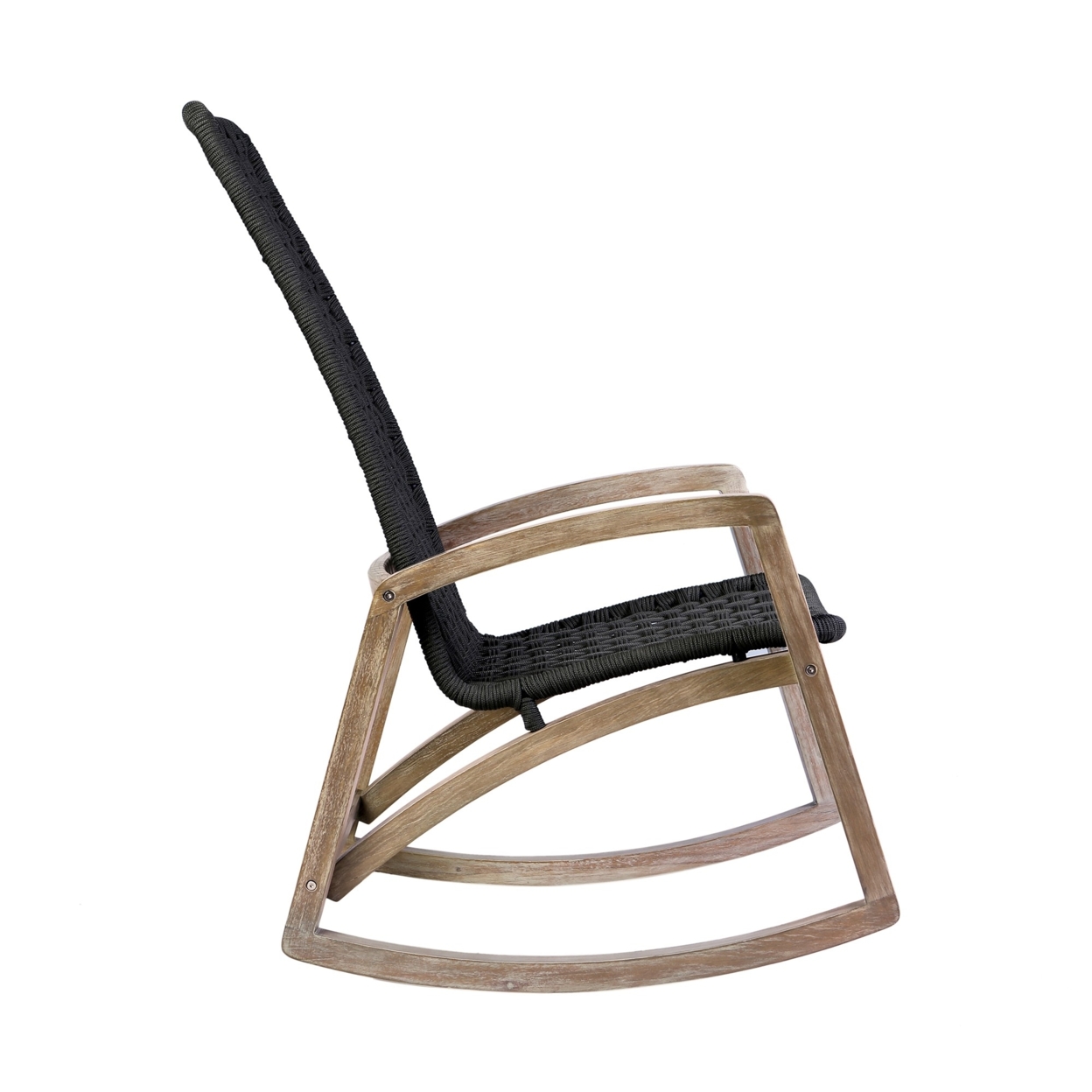 Arlo 31 Inch Patio Rocking Chair, Dark Eucalyptus Wood, Charcoal Rope- Saltoro Sherpi