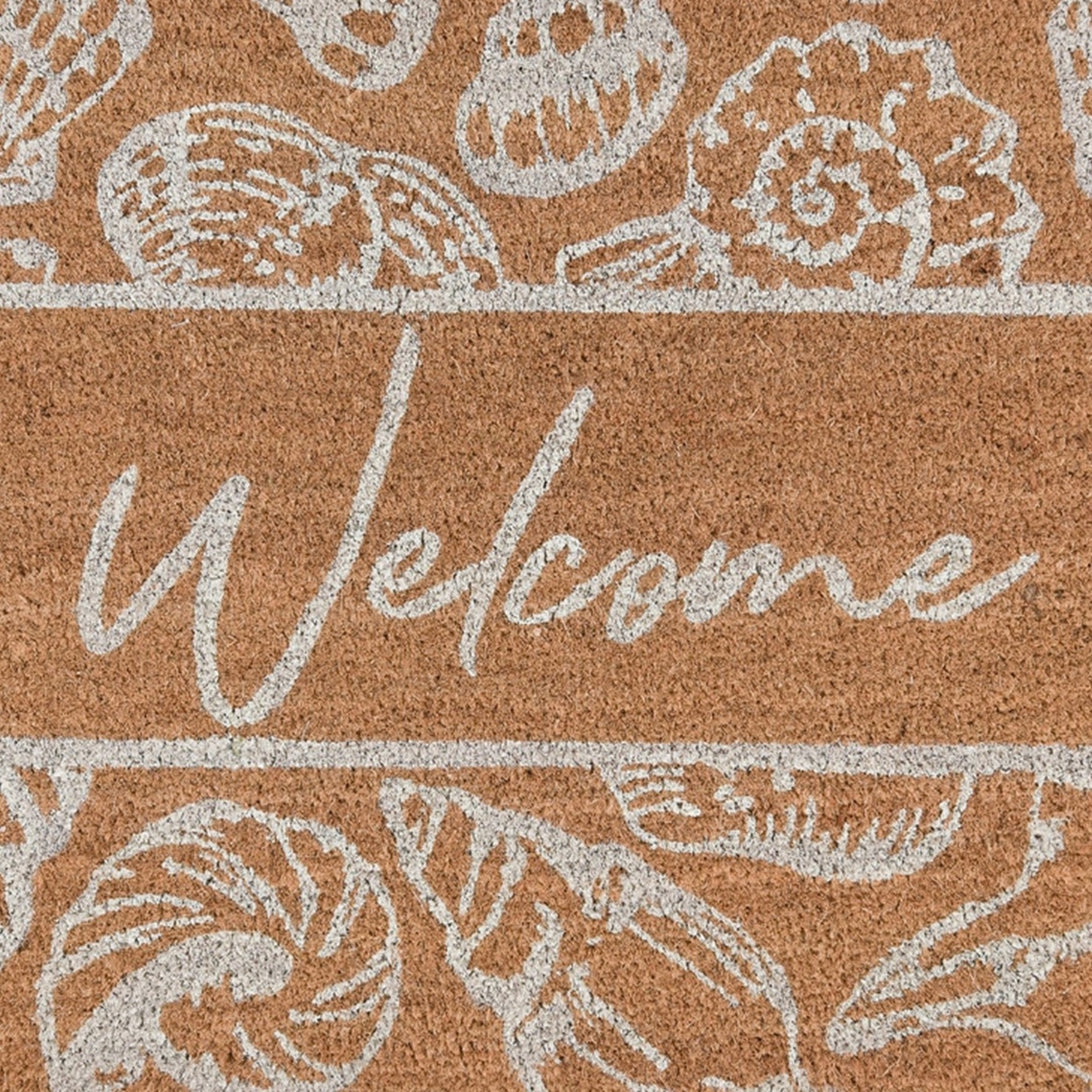 24 X 36 Coir Coastal Welcome Doormat, White Calligraphy Print, Brown- Saltoro Sherpi