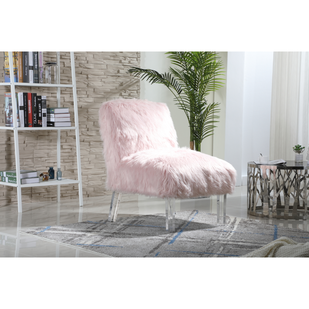 Iconic Home Filipe Accent Side Chair Sleek Stylish Faux Fur Upholstered Armless Design Acrylic Legs - Pink
