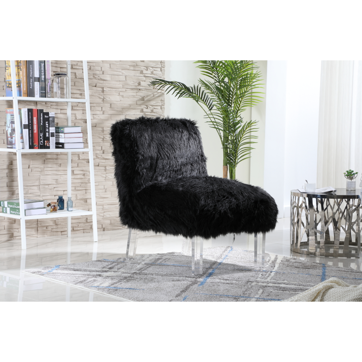 Iconic Home Filipe Accent Side Chair Sleek Stylish Faux Fur Upholstered Armless Design Acrylic Legs - Black