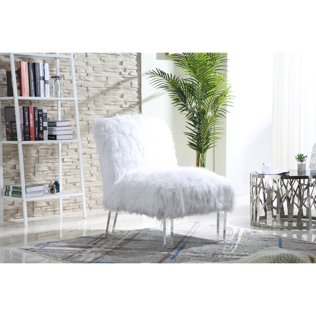 Iconic Home Filipe Accent Side Chair Sleek Stylish Faux Fur Upholstered Armless Design Acrylic Legs - White