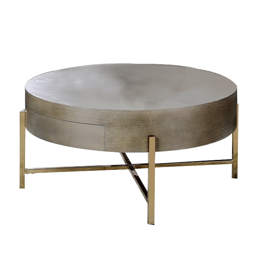 1 Drawer Round Modern Coffee Table With Crossed Metal Legs, Brown And Gold- Saltoro Sherpi