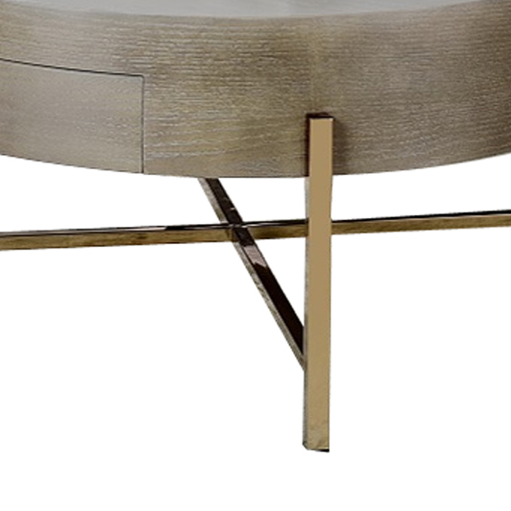1 Drawer Round Modern Coffee Table With Crossed Metal Legs, Brown And Gold- Saltoro Sherpi