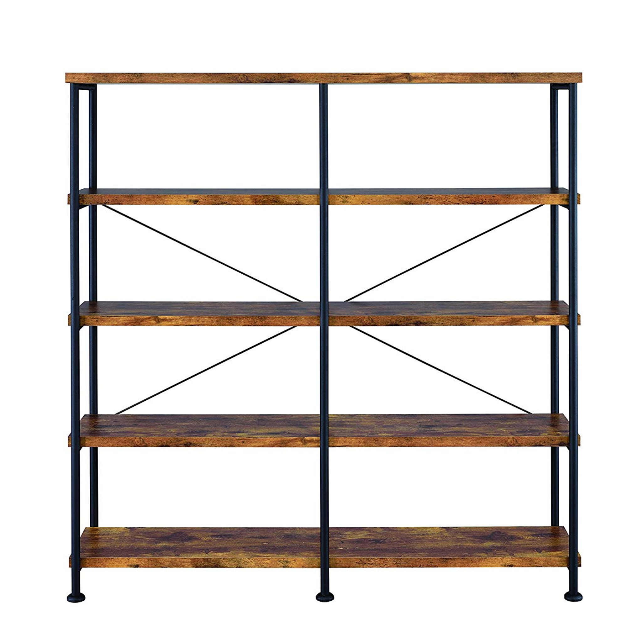 63 Inch Industrial 4 Tier Shelf Bookshelf, Particleboard, Metal Frame, Brown, Black- Saltoro Sherpi