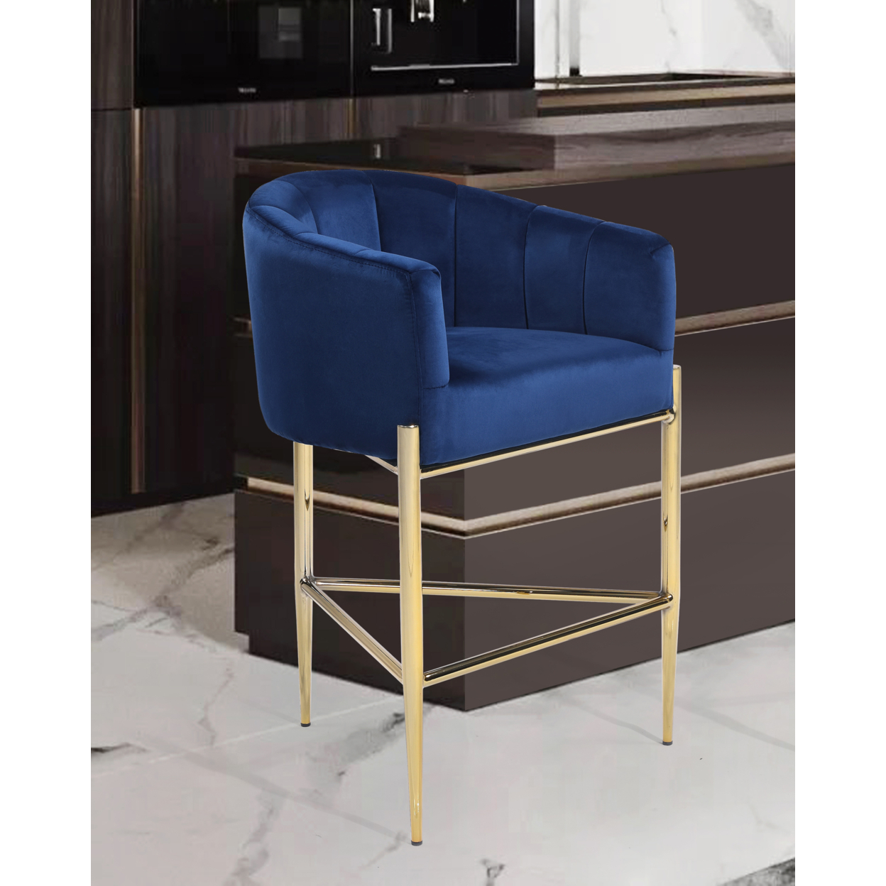 Iconic Home Ardee Counter Stool Chair Velvet Upholstered Shelter Arm Shell Design 3 Legged Gold Tone Solid Metal Base - Navy