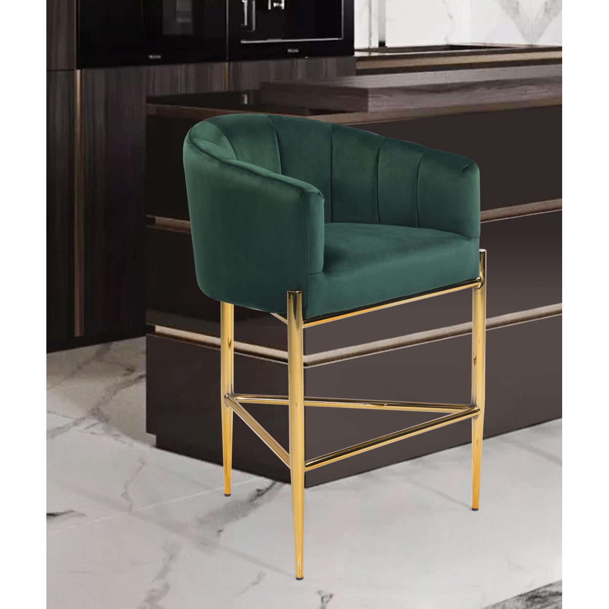 Iconic Home Ardee Counter Stool Chair Velvet Upholstered Shelter Arm Shell Design 3 Legged Gold Tone Solid Metal Base - Green